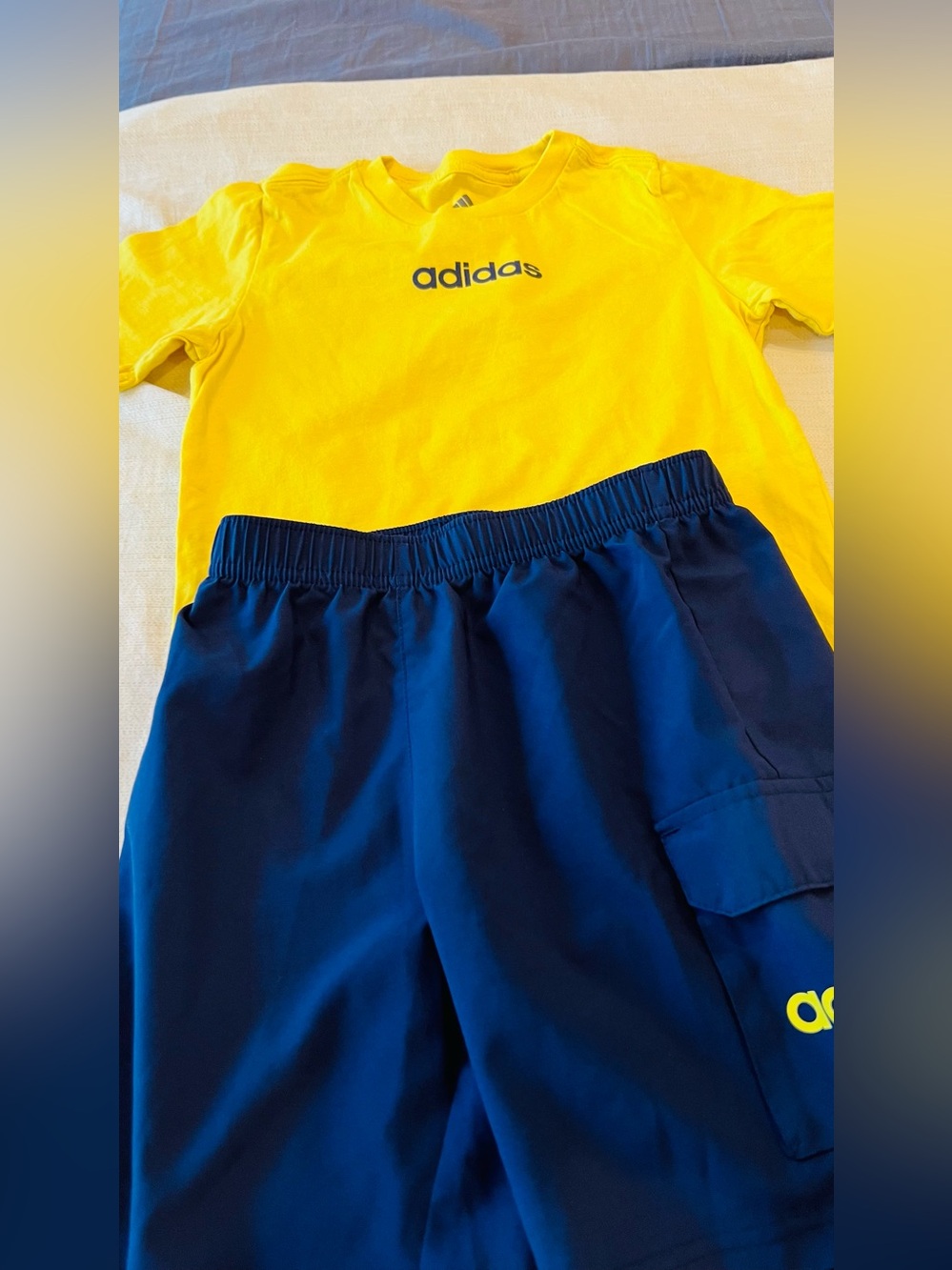 Adidas Yellow Logo Tee with Navy Athletic Shorts size 6 boys